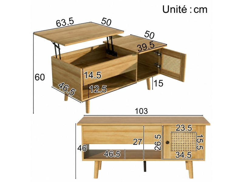  Table basse relevable effet bois et noir avec portes imitation rotin, 103 cm  - Conforama C