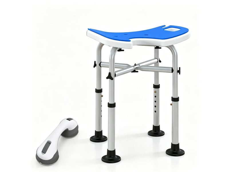  Tabouret de douche réglable 48,5 x 33 cm – bleu foncé – assise u, ventouses et barre d'appui stable  - Conforama A