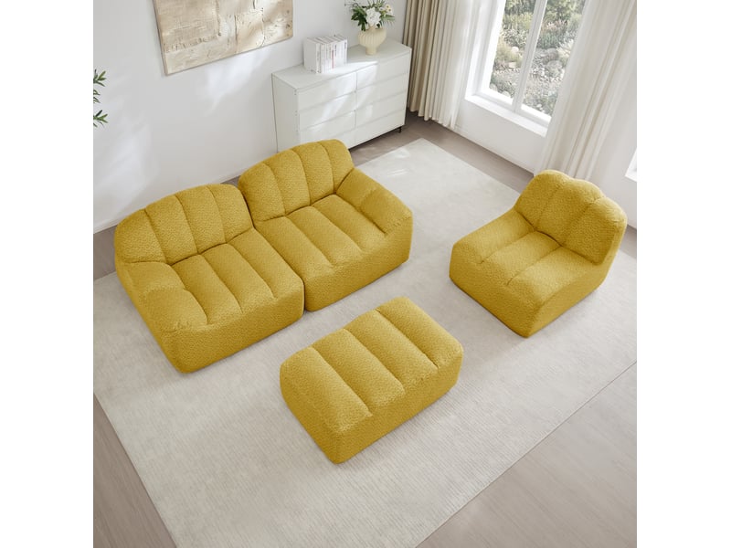 Canapé d'angle modulaire 3 places jaune en tissu bouclette avec ottoman, sans montage pour votre salon - Conforama E