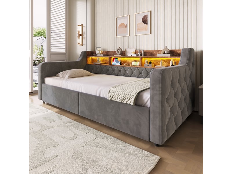  Lit 90x190 cm avec led, usb et type-c, tête de lit avec rangement, 2 tiroirs, gris sans matelas  - Conforama C