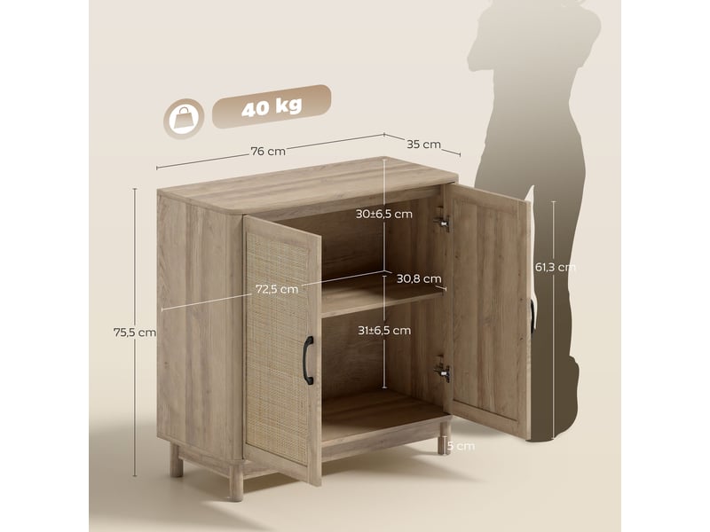  Buffet salon, meuble de rangement avec 2 portes en rotin, étagère réglable et bords arrondis, chêne, 76 x 35 x 75,5 cm  - Conforama C