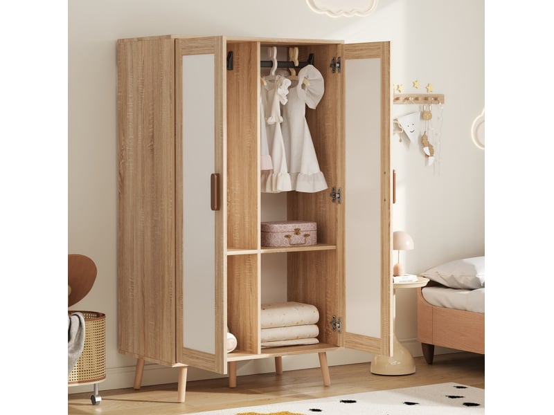  Armoire enfant avec 2 portes, 2 tiroirs et barre de penderie pour chambre, naturel et blanc, 160 × 46 × 141,5 cm  - Conforama D