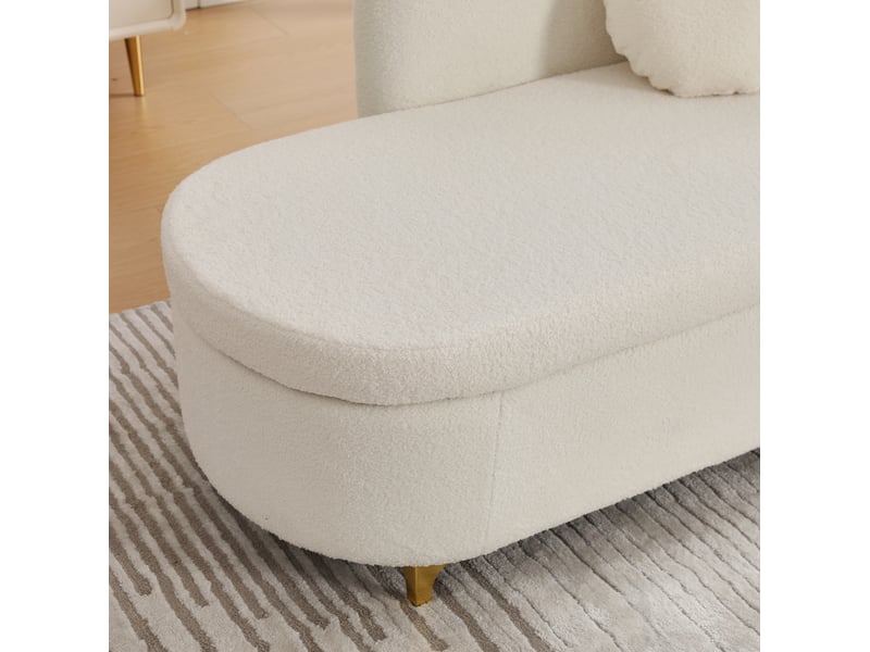  Méridienne avec coffre de rangement, dossier ondulé et coussins lombaire et cervical, tissu effet mouton beige blanc  - Conforama E