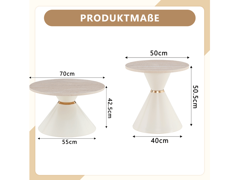  Tables basses gigognes avec 2 plateaux ronds et structure conique, finition pierre, en métal et mélamine, crème  - Conforama D