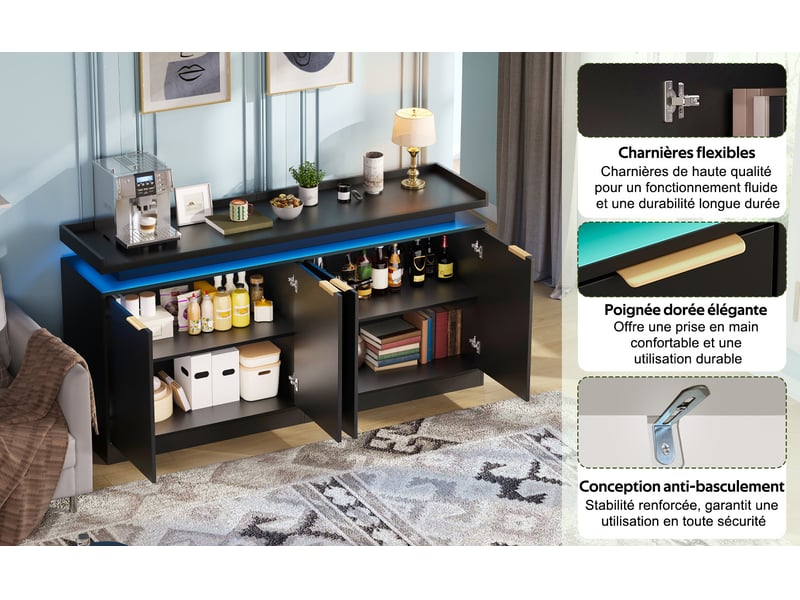 Buffet noir 4 portes mdf, meuble rangement cuisine avec éclairage led intégré, dimensions 160x39x83 cm - Conforama E