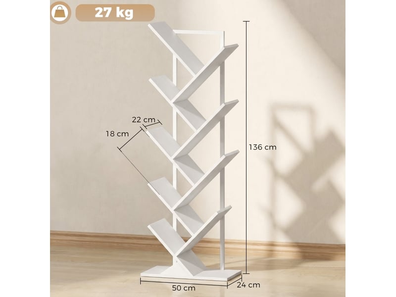  Bibliothèque arbre 50 x 24 x 136 cm blanche en bois et acier, style industriel, 9 niveaux pour livres et médias  - Conforama C