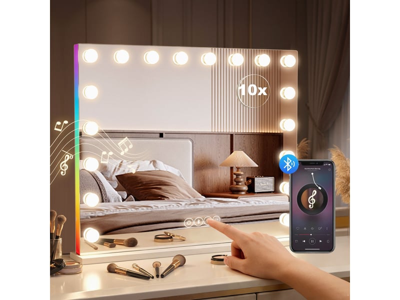 Miroir maquillage hollywood 18 ampoules led, 3 couleurs d'éclairage, lumière rgb, haut-parleur bluetooth, blanc - Conforama D