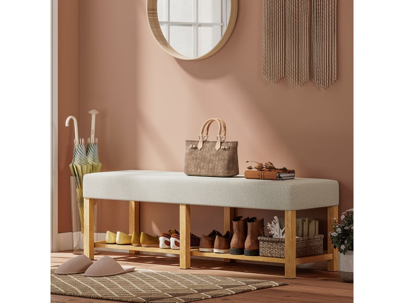  Banc en bois massif pour deux personnes avec assise rembourrée en bois naturel et blanc crème dimensions 140 cm  - Conforama D