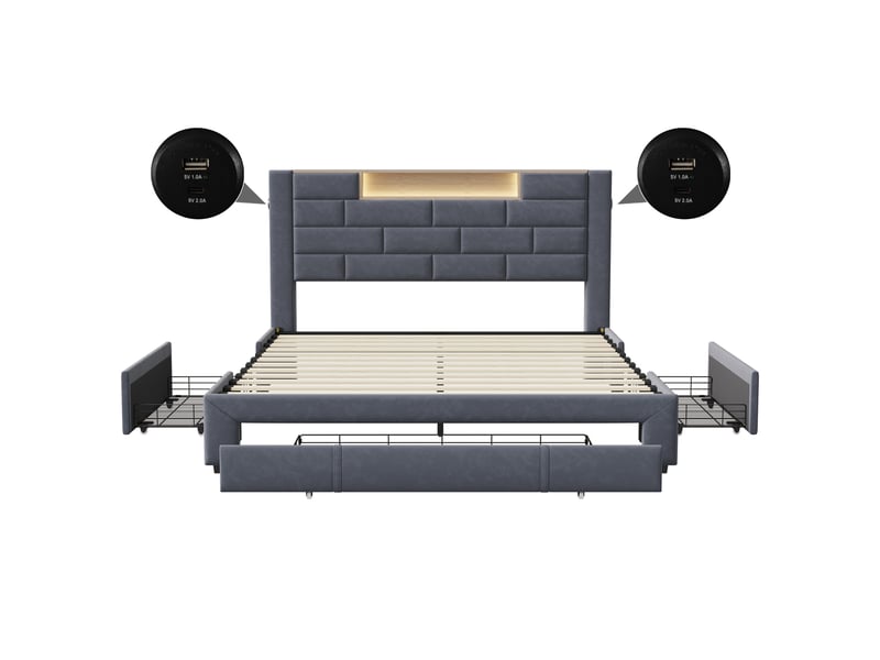  Dreammespace lit adulte 140x200 cm avec meuble de rangement 3 tiroirs, étagère led &amp; prises usb type-c, cadre velours gris DreamMespace - Conforama A