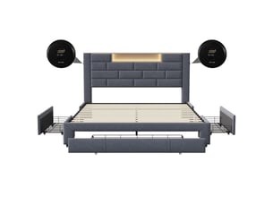 Dreammespace lit adulte 140x200 cm avec meuble de rangement 3 tiroirs, étagère led & prises usb type-c, cadre velours gris