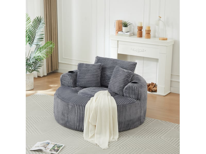  Fauteuil lounge rond 1 place en velours côtelé gris avec porte-gobelets  - Conforama B