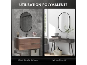 Miroir ovale mural cadre en aluminium style minimaliste montage vertical ou horizontal avec 3 crochets noir 60 x 90 cm