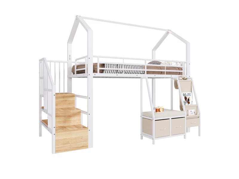  Lit mezzanine 90x200 cm en métal avec rangements en tissu, tiroirs, placards intégrés à l’échelle et éclairage led, avec tiroirs de rangement - blanc  - Conforama A
