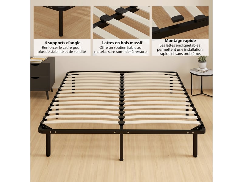  Cadre de lit 160 x 190 cm, lit 2 personnes en bois massif avec sommier à lattes et pied, noir, rangement au-dessous  - Conforama R