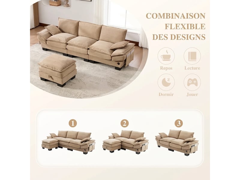 Canapé modulaire 3 places assise large ergonomique 260x132x84 cm avec pouf rangement et usb-c - Conforama R