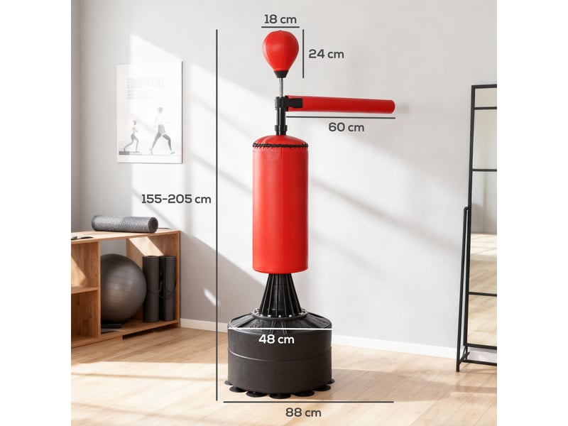  Sac de frappe réglable en hauteur avec balle de frappe et base lestable, 88 x 48 x 155-205 cm, rouge et noir  - Conforama E