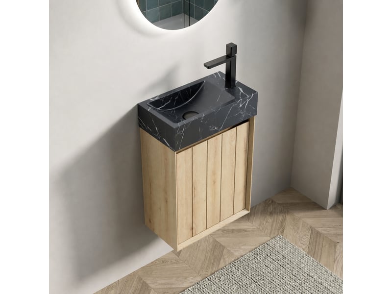  Meuble vasque suspendu 40 cm avec vasque intégrée en marbre naturel, finition chêne blanc  - Conforama E