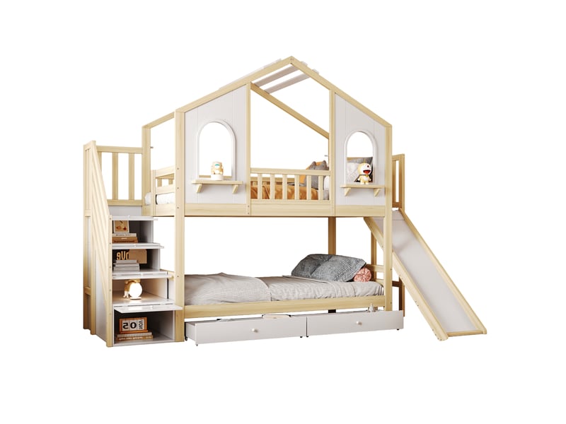  Lit superposé enfant 90 × 200 cm 2 places avec toboggan, échelle de rangement et 2 tiroirs, sans matelas, blanc et naturel  - Conforama A