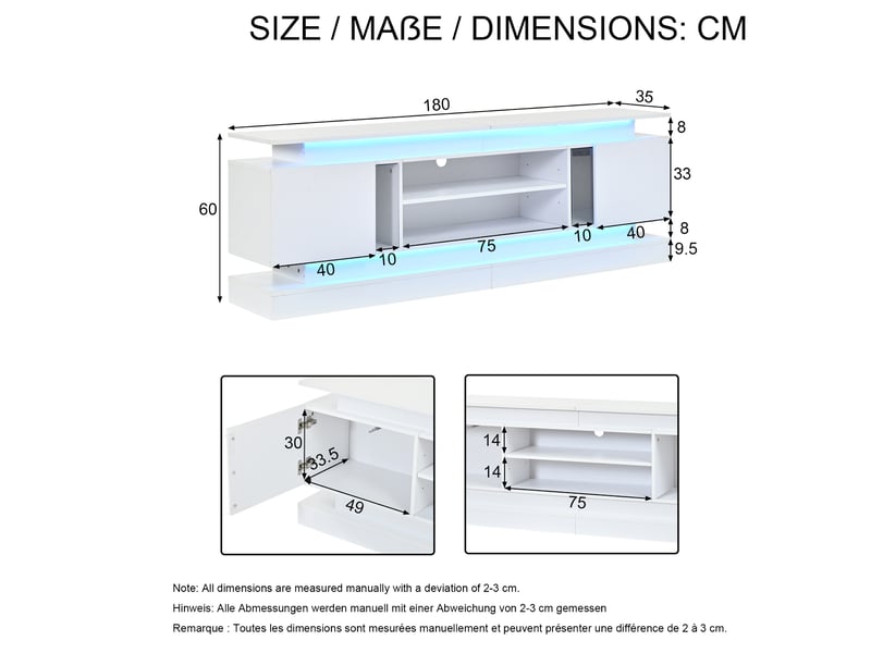  Meuble tv avec led, 2 portes, blanc brillant, 180x35x60 cm  - Conforama C