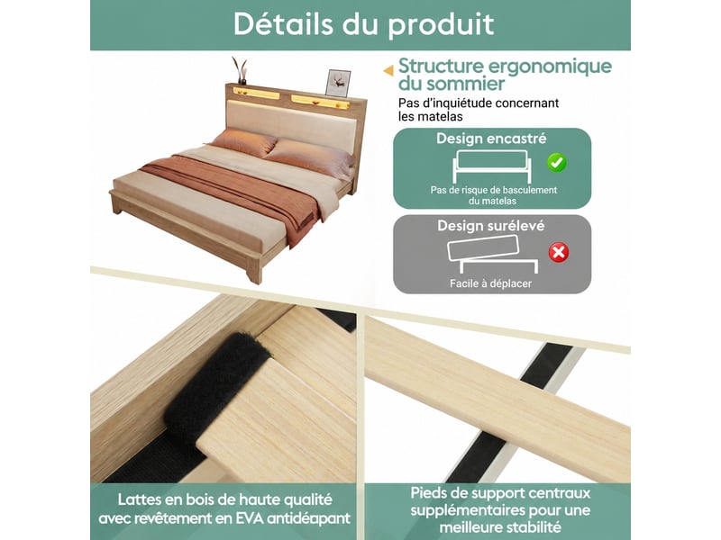  Lit 160 x 200 cm avec tête de lit led et rangement, chêne clair et beige  - Conforama E