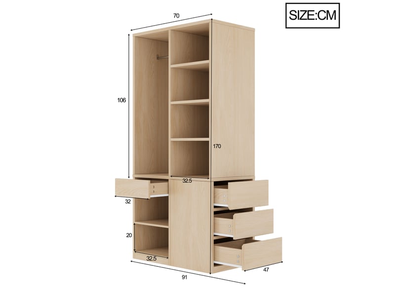  Armoire 70×50×170 cm - avec 4 tiroirs - avec étagères à plusieurs niveaux - naturel  - Conforama C