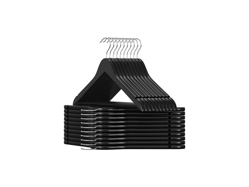  Cintre bois, lot de 20, avec encoches antiglisse, barre antiglisse pour pantalons, crochet pivotant 360°, pour costumes, chemises, manteaux, noir et argent  - Conforama A