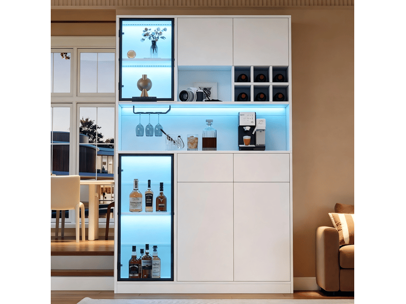  Vitrine haute 6 portes 2 tiroirs avec éclairage led et étagères ouvertes pour salon, blanc, 120 × 33 × 200 cm  - Conforama C
