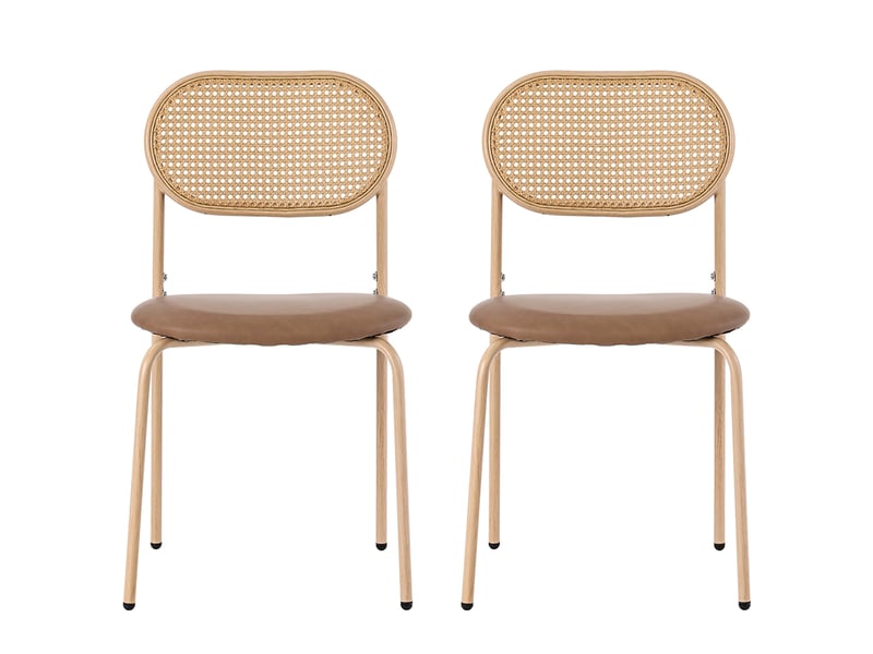  Lot de 2 chaises de salle à manger marron, dossier en rotin, assise pu et pieds métal  - Conforama A