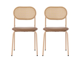 Lot de 2 chaises de salle à manger marron, dossier en rotin, assise pu et pieds métal