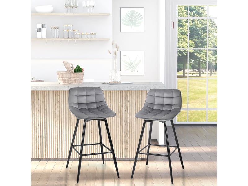  Ensemble de 2 tabourets hauts de style nordique avec dossier et repose-pieds, en tissu effet velours et métal, 45 x 47 x 88 cm, gris  - Conforama C