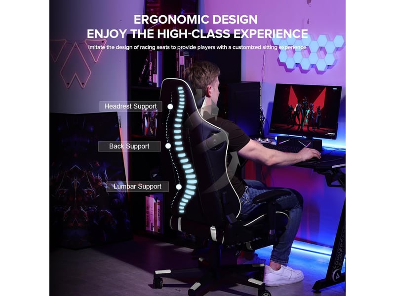 Gtplayer chaise de jeu ergonomique avec bluetooth et repose-pieds 200 kg - blanc GT890MF-WT - Conforama B