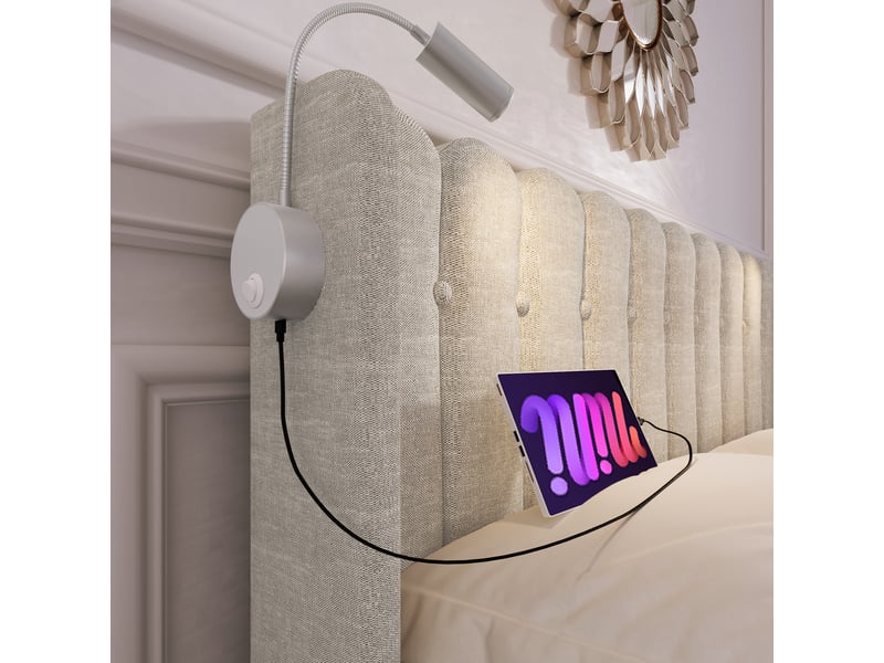  Lit coffre adulte 160x200 cm, lit double avec lampe de lecture, port usb, sommier, lin beige, matelas inclus  - Conforama R