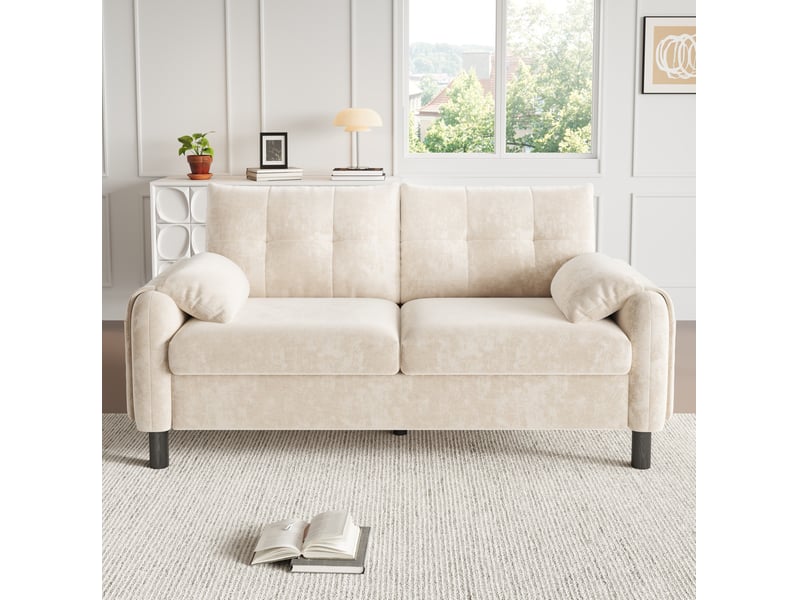 Canapé droit 2 places avec coussins, poches latérales et design scandinave en chenille beige 158 × 80 × 88,5 cm - Conforama D