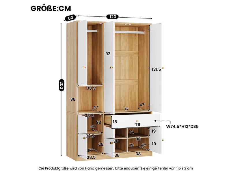 Armoire de chambre 3 portes avec 2 penderies, tiroir et étagères - 120x50x200 cm - blanc et bois - Conforama C