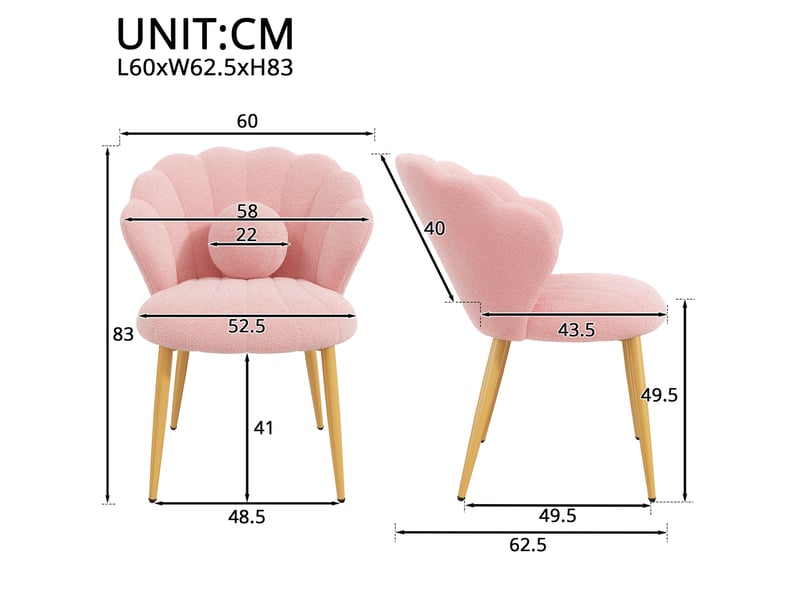  Chaise de salle à manger lot de 2, dossier coquillage et coussin rond, pieds en métal doré, tissu bouclé rose  - Conforama C