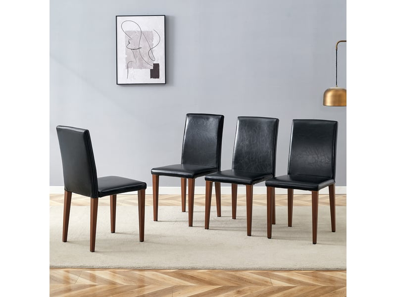  Lot de 4 chaises de salle à manger en cuir synthétique noir pieds métal effet noyer  - Conforama B