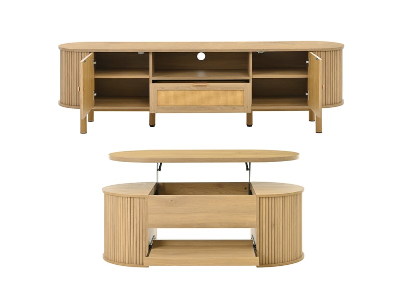  Ensemble meuble de salon, table basse relevable et meuble tv avec rangement, mdf et cannage rotin style moderne, naturel  - Conforama D