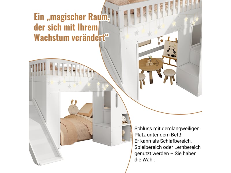 Lit mezzanine enfant 90x200 cm avec toboggan, escalier de rangement, garde-corps et led, pin et mdf, blanc, sans matelas - Conforama R
