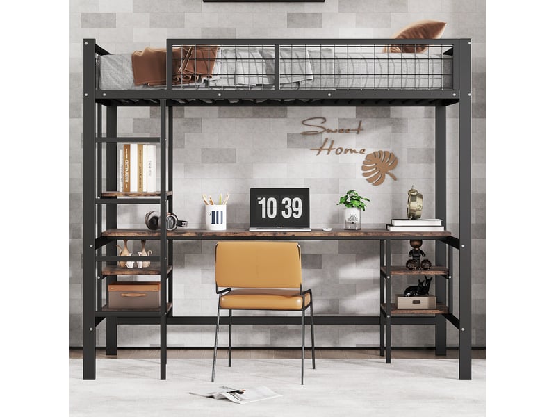  Lit en fer, lit superposé 90x200 cm, lit enfant avec table et étagère, avec échelle à quatre marches, fer+panneau de particules  - Conforama A
