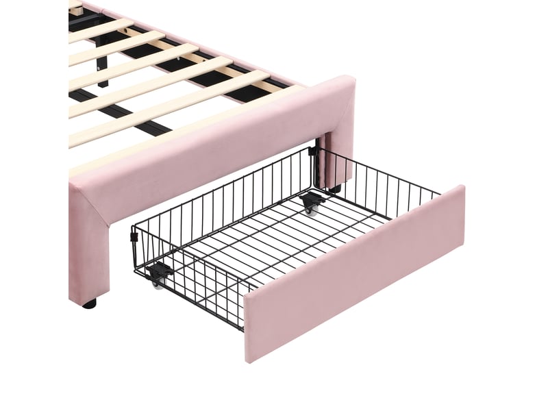 Lit enfant rembourré 90x200 cm en velours avec tête de lit ondulée, tiroir de rangement, éclairage led - rose - Conforama E