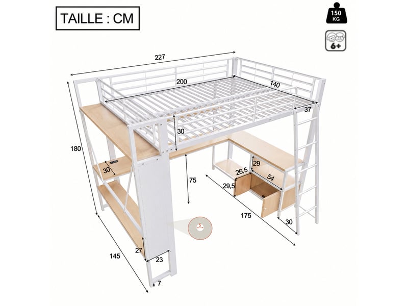  Lit mezzanine 140 x 200 cm avec bureau intégré et rangements, métal et mdf, éclairage led, prises usb  - Conforama C