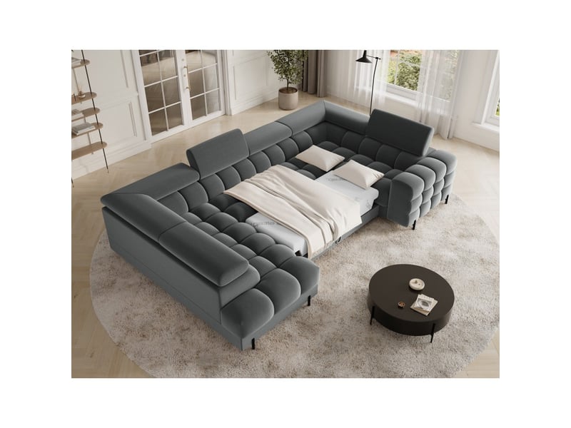 Canapé panoramique convertible factory 3 places gris foncé – angle gauche avec coffre - Conforama B