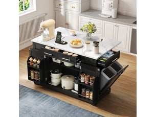 Desserte de cuisine mobile avec plateau rabattable, prise et espace poubelle, sur roulettes, noire, 138 × 86 × 92 cm