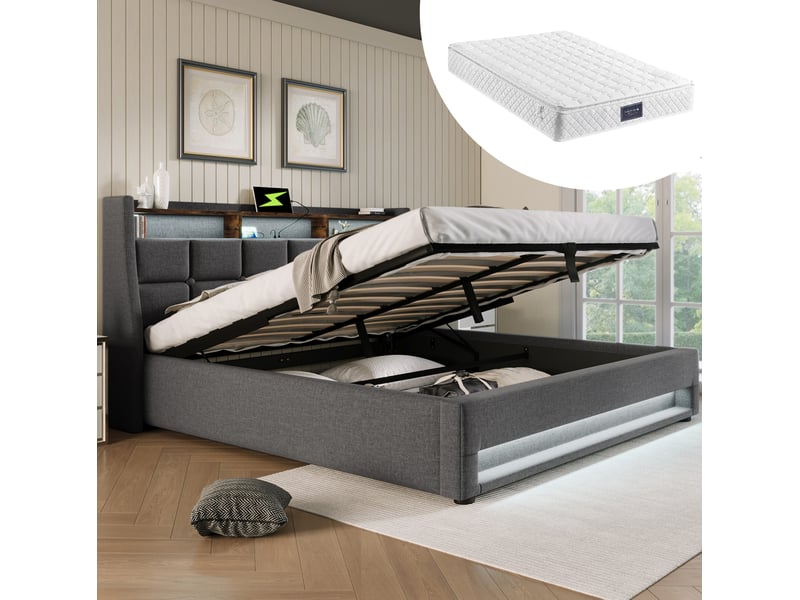  Lit adulte 160x200 cm 2 places avec usb, led, tête de lit avec rangement, sommier et lit coffre, revêtement lin gris, matelas inclus  - Conforama B