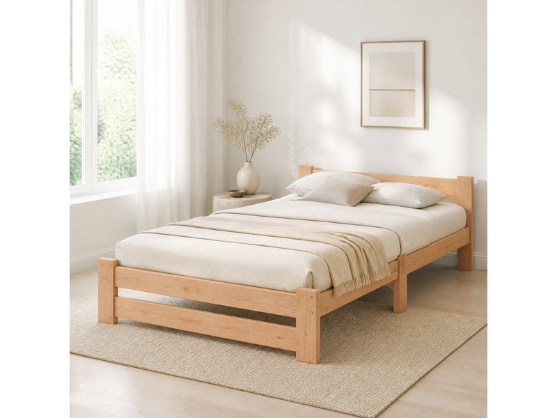  Lit simple 90x200 cm avec tête de lit et sommier à lattes en bois naturel  - Conforama D