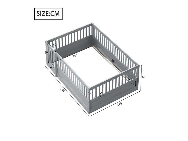  Lit enfant 140 × 200 cm avec barrière de 60 cm et porte, sans matelas, en bois massif, gris  - Conforama D
