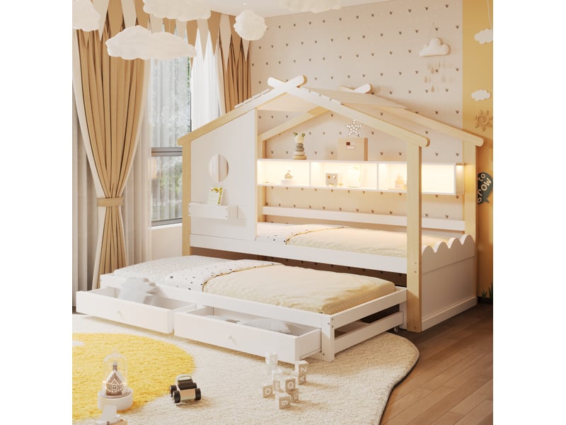  Lit enfant maison 90x200cm lit gigogne 90x190cm, 2 tiroirs, led, charge, style moderne, bois, blanc+naturel sans matelas  - Conforama D