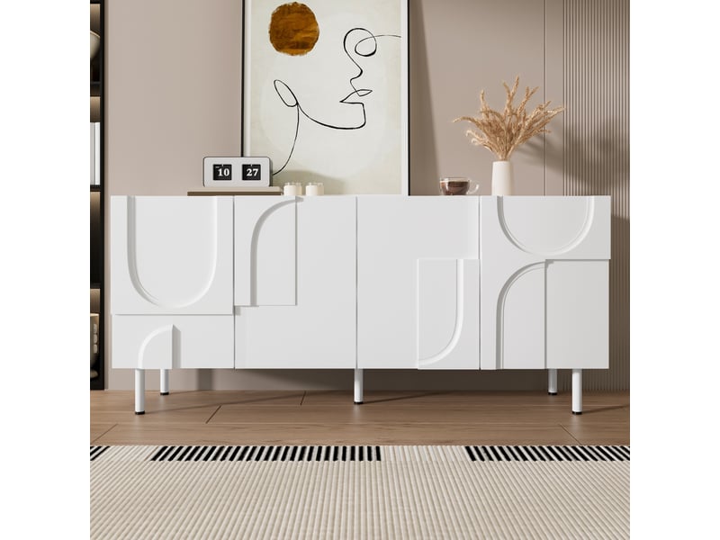  Buffet blanc design géométrique 160x70 cm meuble rangement cuisine mdf portes silencieuses  - Conforama W