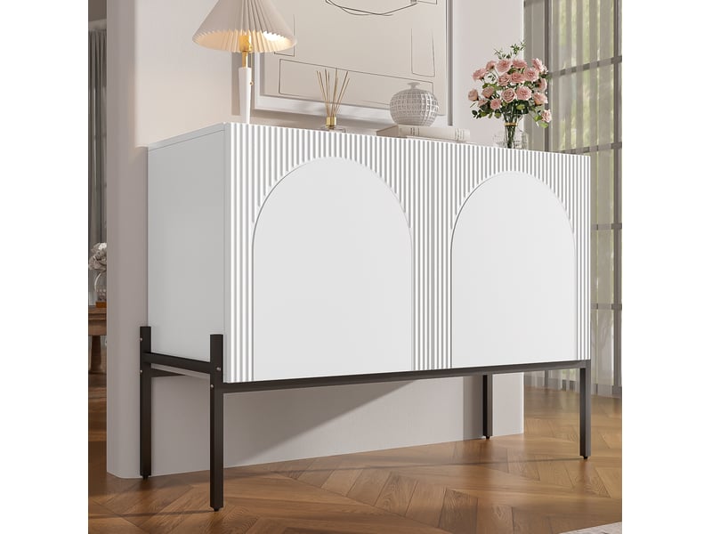 Buffet 2 portes avec rangement, pieds en métal, lignes arquées et rainures pour salon, blanc, 100 × 40 × 75 cm - Conforama C