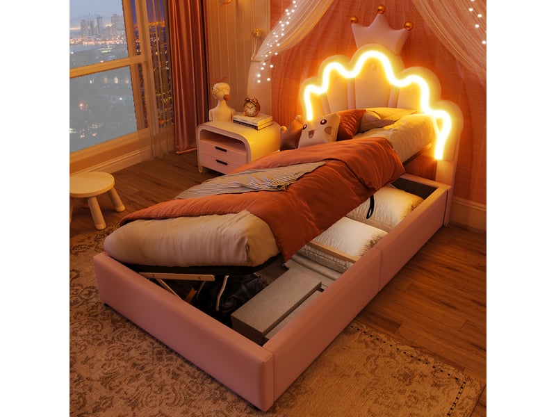  Lit coffre rembourré 90x200cm coloris rose led pu lit enfant rose - Conforama E